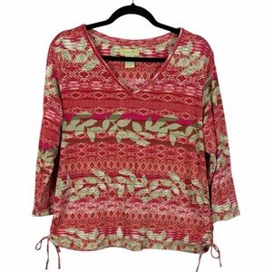 Caribbean Joe Tropical Print V-Neck Top 3/4 Sleeve XL Side Tie Casual Beach